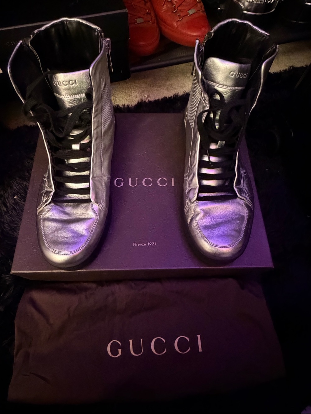 Gucci Men's Silver Metallic High-Top Sneakers with Black Laces